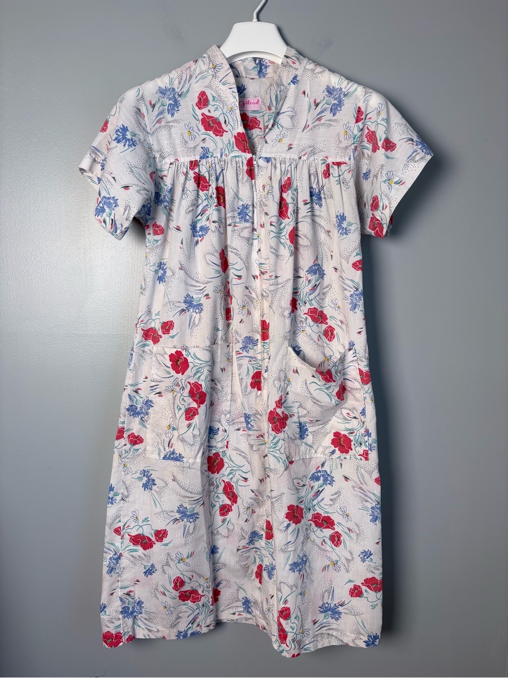 Vintage Gilead Floral Short Sleeve Zip Front Housecoat Duster Lounger Dress M